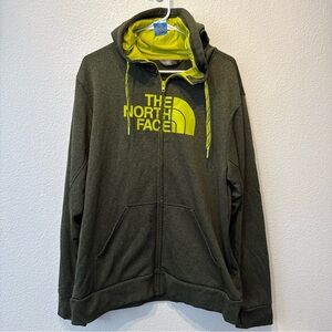 The North Face Olive Green Zip-Up Hoodie with Lime Logo Sz L